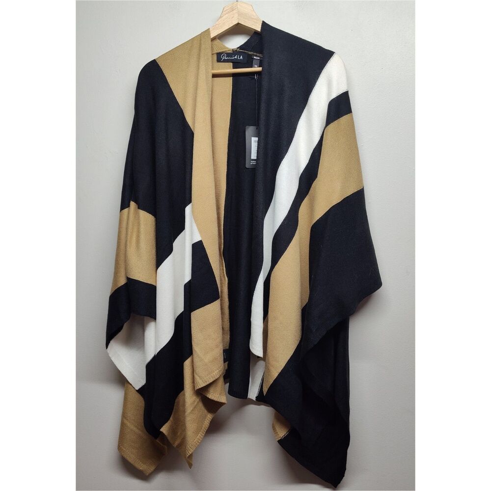 Parrish LA Stevie Poncho Wrap Women OS Tan Black Quiet Luxury Autumn Cozy Boho